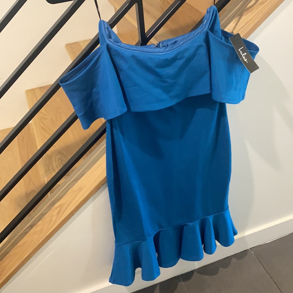 Tealblue off shoulder dress, tag on